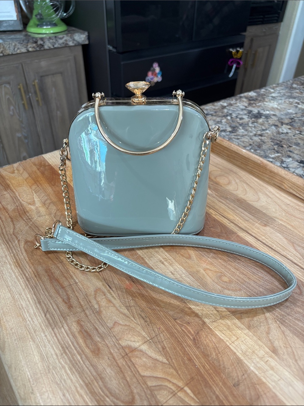 Source Unknown Glossy Gray/Green Clasp Purse with Gold Hardware